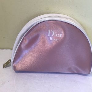 Dior Beauty NEW Shiny Satiny Pink White Round Zip Cosmetic Bag Clutch Purse Tote